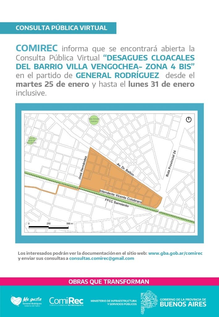 Gral. Rodríguez: Llamado a Consulta Pública Virtual por obras de desagües cloacales en el distrito