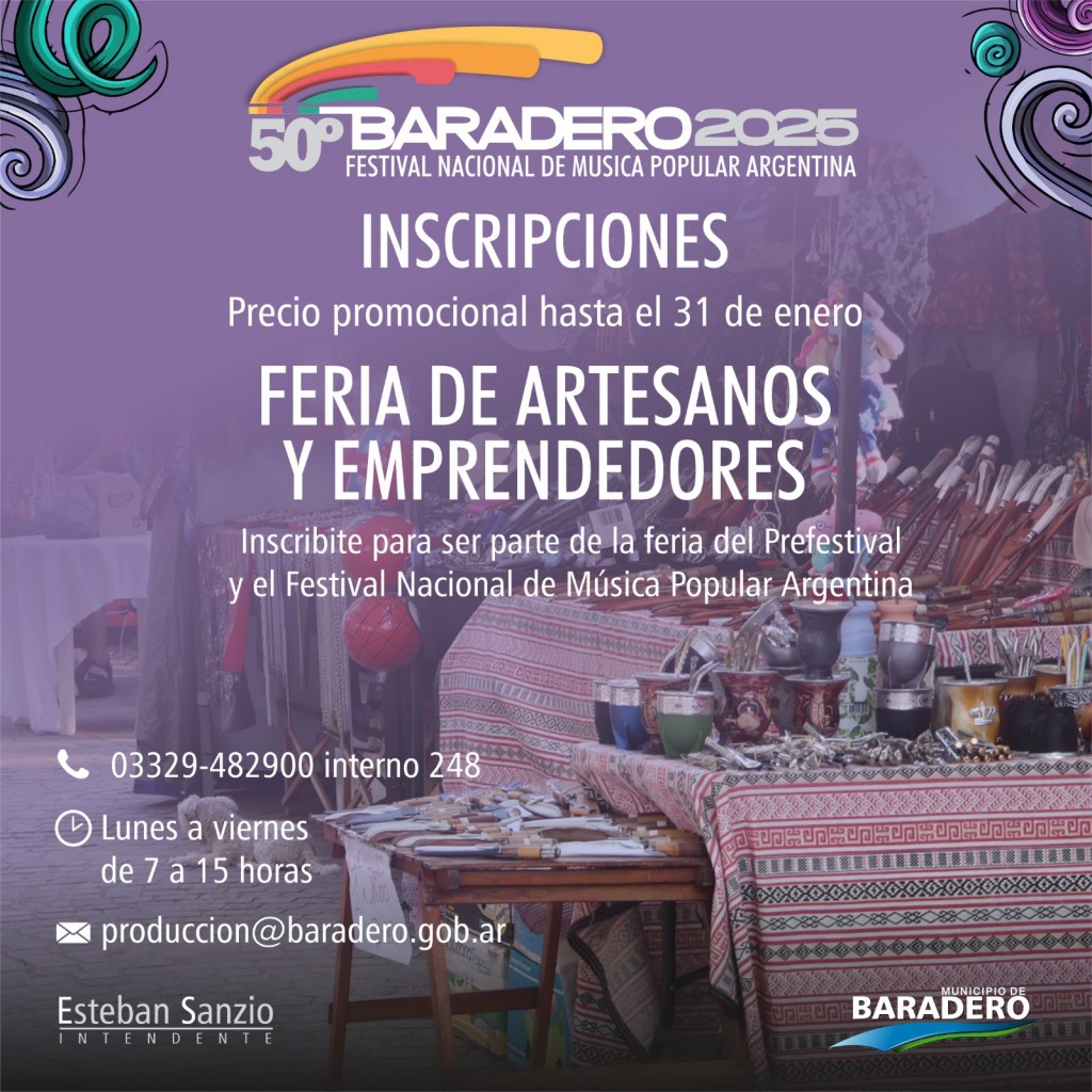 Baradero: Está abierta la inscripción para formar parte de la Feria de Artesanos y de Emprendedores en el Prefestival y el Festival 2025 