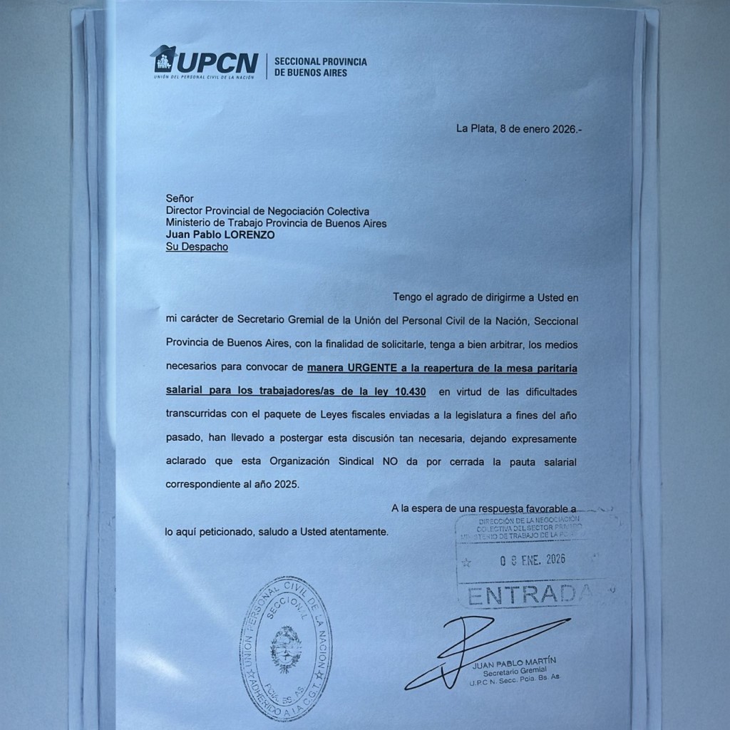 UPCNBA solicitó la reapertura urgente de la paritaria salarial para trabajadores estatales bonaerenses