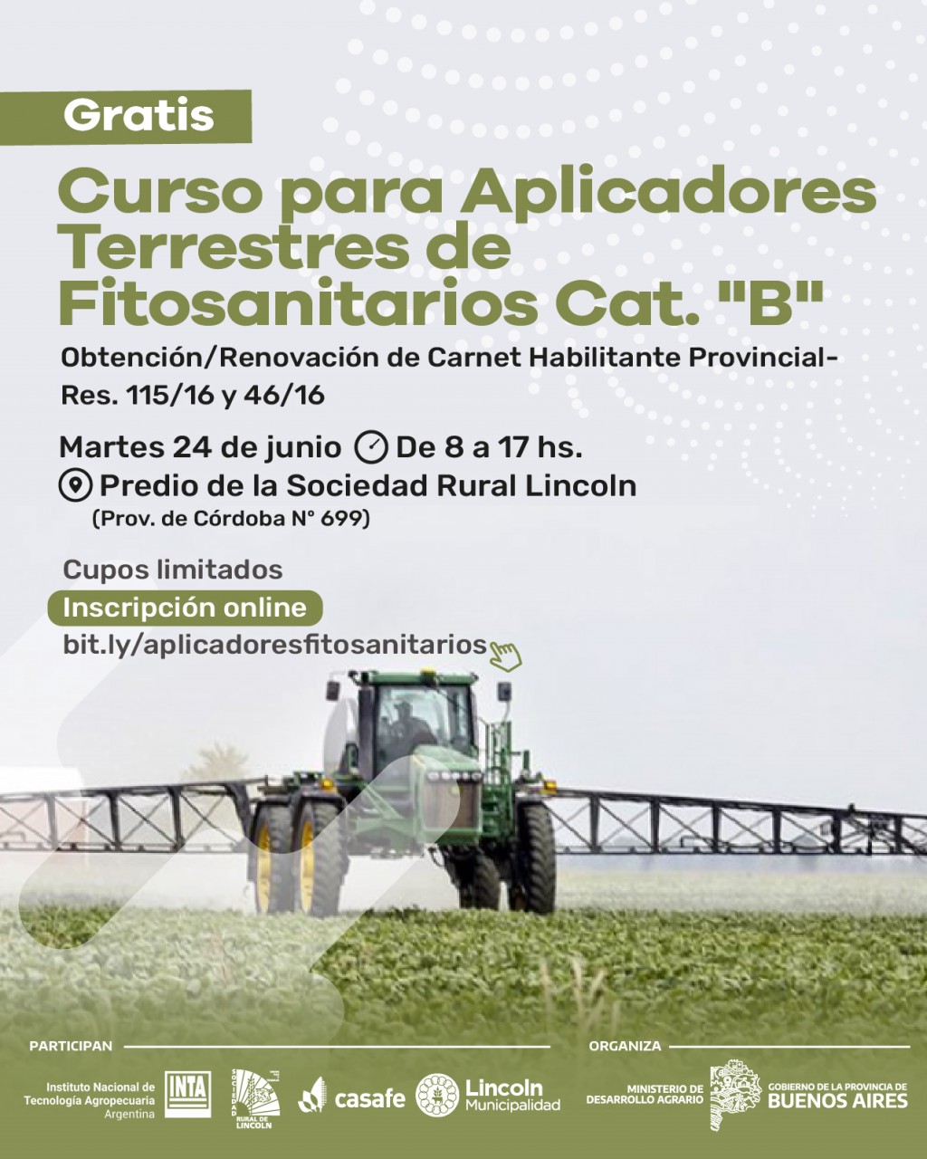 Lincoln: Comenzó la inscripción al curso para aplicadores terrestres de fitosanitarios 