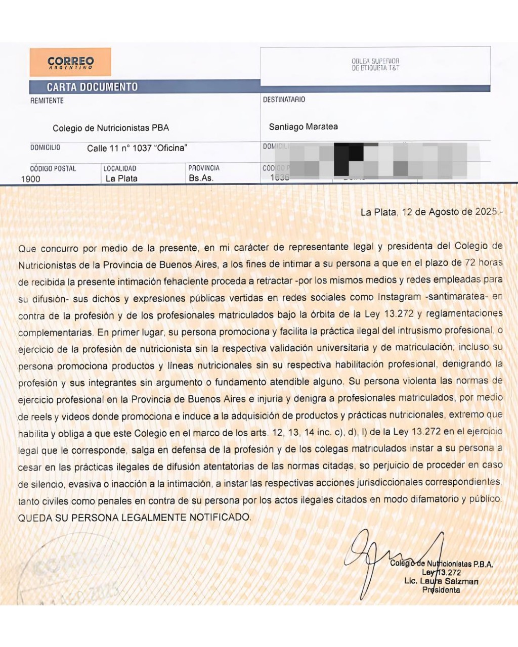 Nutricionistas bonaerenses denunciaron al influencer Santiago Maratea