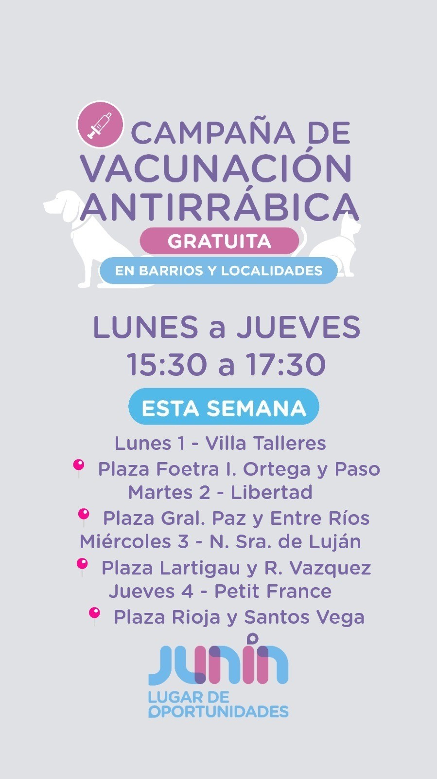 Junín: El Municipio pone en marcha una nueva campaña de vacunación antirrábica gratuita en plazas y barrios de la ciudad